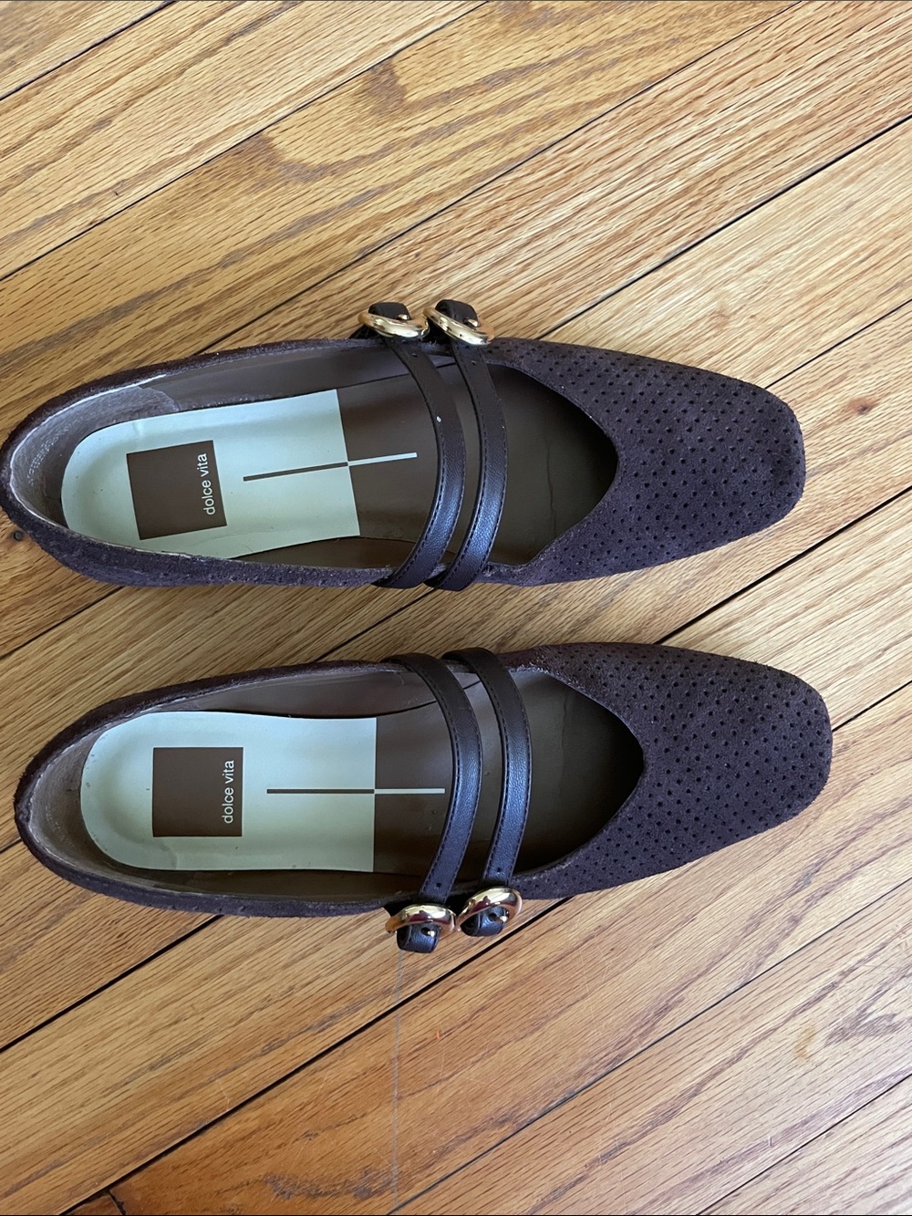Dolce Vita Dark Brown Suede Perforated Mary Jane Flats with Buckles